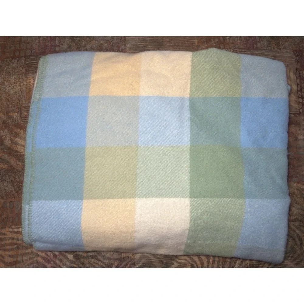 LL Bean Wool Blanket King Plaid Check Whipstitch Hem Blue Green Cream Lodge Camp